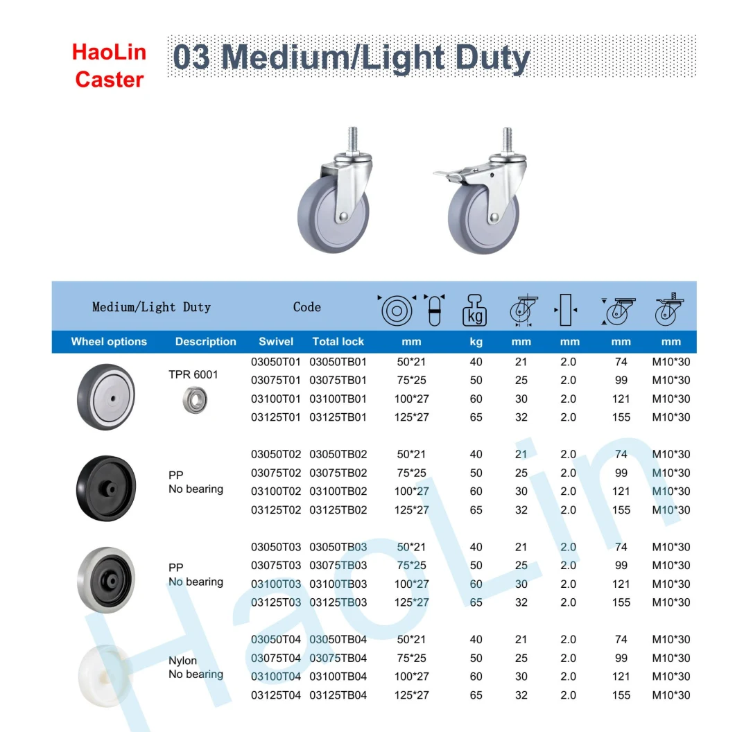 40kg - 65kg Loading Capacity Light Medium Duty Castor for Tool Box Trolley