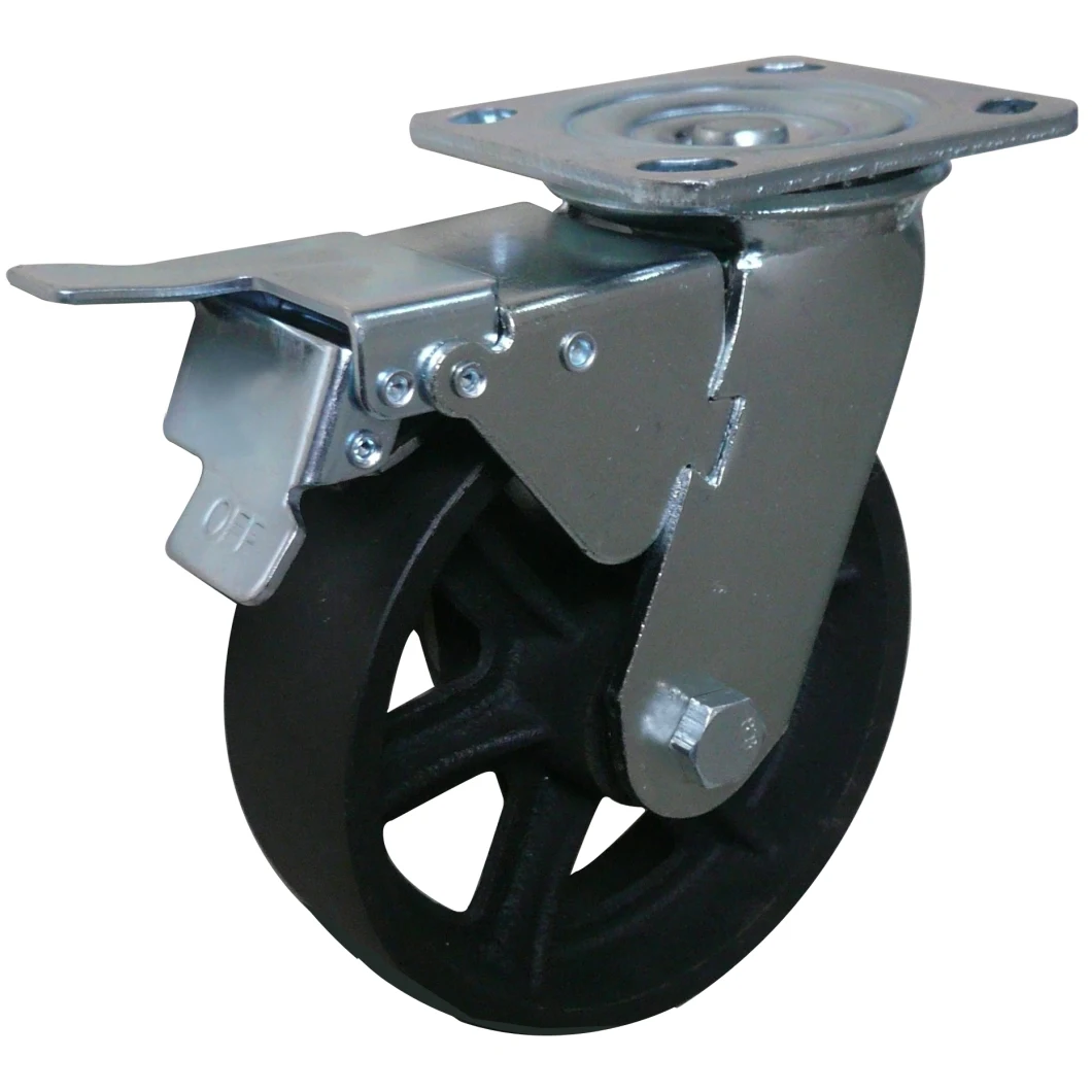 Wanda Wheel supplier Industrial 4" Cast Iron Swivel Caster Wheel with Double Brake for Medical Facility /Foklift