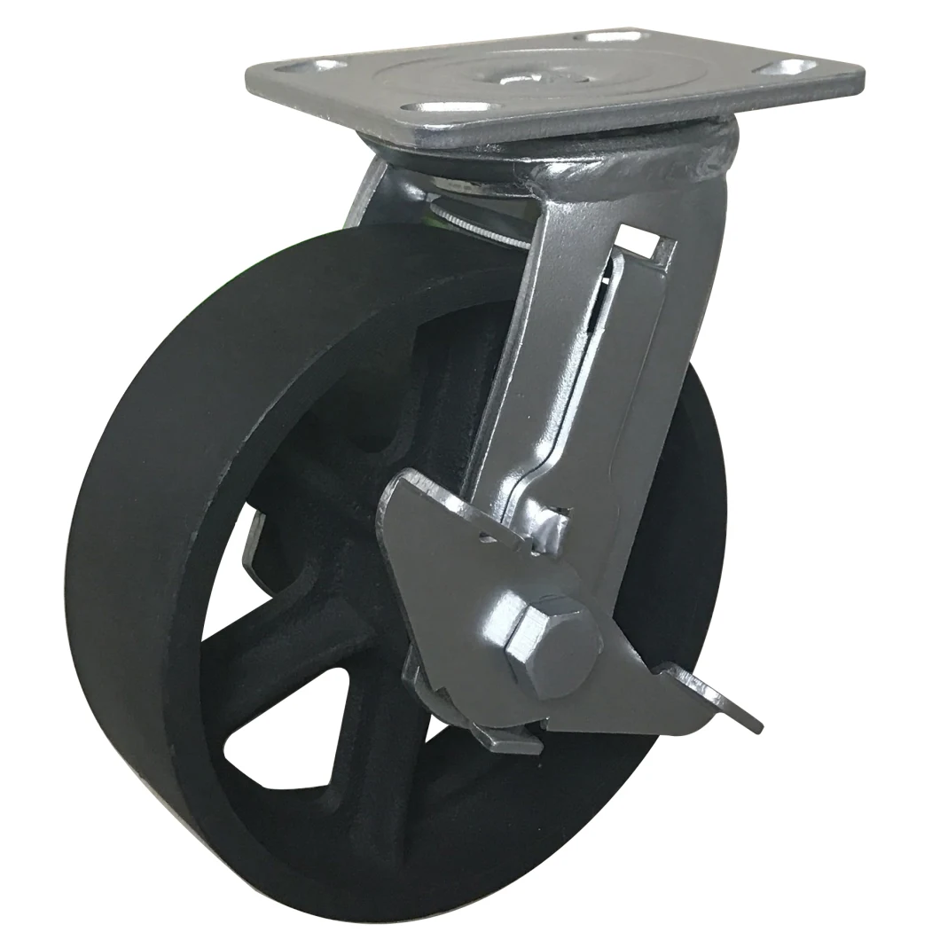 Wanda Wheel supplier Industrial 4" Cast Iron Swivel Caster Wheel with Double Brake for Medical Facility /Foklift